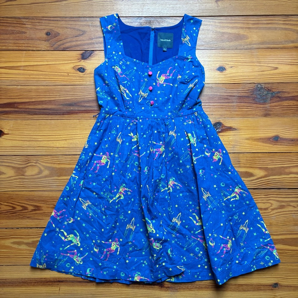 ModCloth Blue Fit and Flare Space Astronaut Dress, EUC, L - Picture 3 of 14